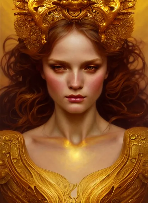 Prompt: Golden goddess, diffuse lighting, fantasy, intricate, elegant, highly detailed, lifelike, photorealistic, digital painting, artstation, illustration, concept art, smooth, sharp focus, art by John Collier and Albert Aublet and Krenz Cushart and Artem Demura and Alphonse Mucha