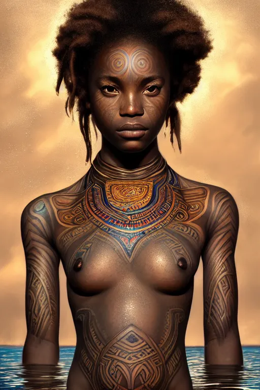 Image similar to underwater photography full body portrait of beautiful nubian ancestral tribal tattooed young hunter pincess, swimming underwater low angle realistic 4 k high quality photography by terry o'neill intricate, elegant, highly detailed, digital painting, artstation, concept art, smooth, sharp focus, illustration, art by artgerm and greg rutkowski and alphonse mucha, 8 k