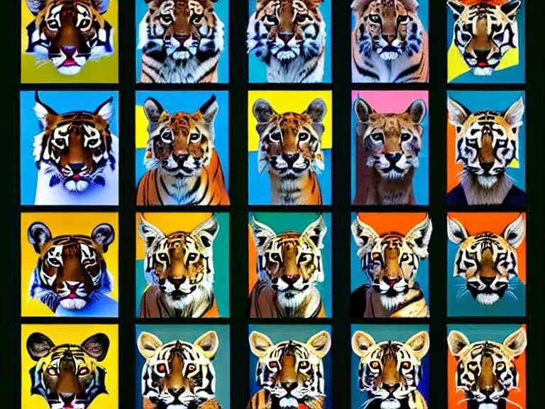 Image similar to multiple, side by side, epic card scans, portrait of different felidae including tiger, lynx, serval, cougar, ocelot, caracal, puma, leopard, panther, jaguar, highly detailed, digital art