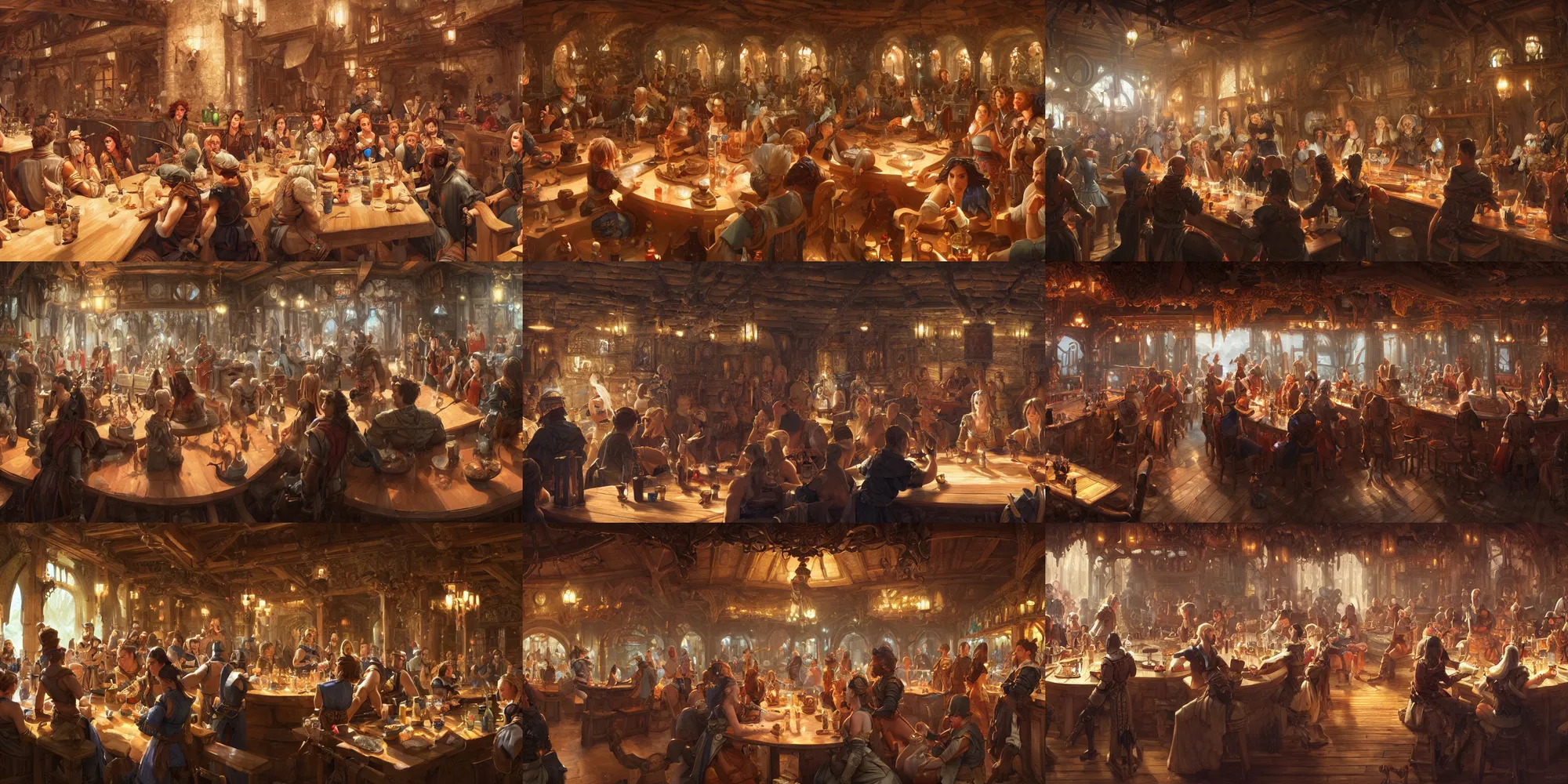 Prompt: a panorama of fantasy characters in a tavern, intricate, highly detailed, digital painting, artstation, smooth, sharp focus, illustration, 8 k, art by artgerm, greg rutkowski
