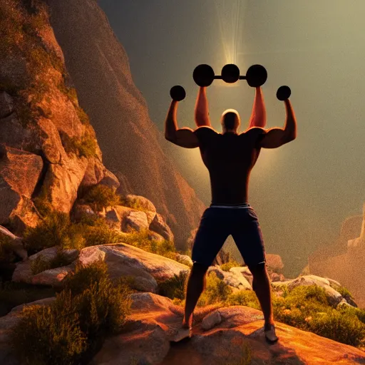 Prompt: man lifting on top of mountain with big muscles, aesthetic fireflies, stars, natural lighting, god rays, octane render, super detailed, 8 k