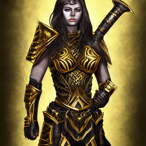 Prompt: female warrior in gold and black armor, semi-realistic, fantasy, digital painting, highly detailed