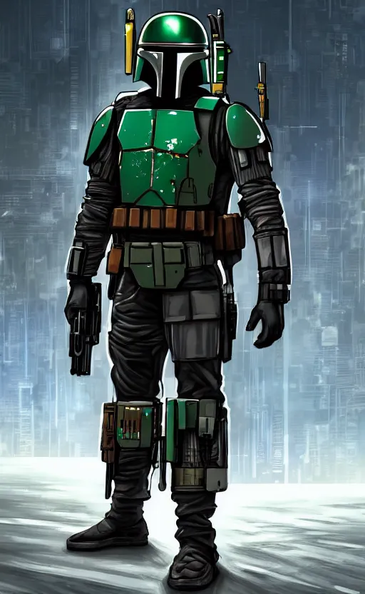 Image similar to cyberpunk mercenary inspired by boba fett in a scenic scifi environment