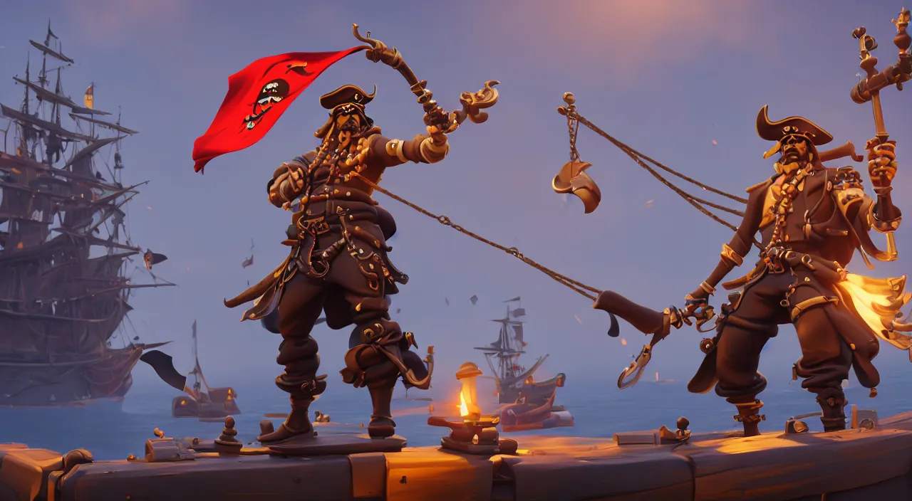 Image similar to a wide shot of a stylized 3D CGI fortnite pirate standing on the front of the ghost ship with the black Jolly Roger flag, the ghost ship is in the middle of the ocean, extremely detailed, pirate portrait, fantasy art overwatch and heartstone, cgsociety, artstation hq, octane render, 8k,
