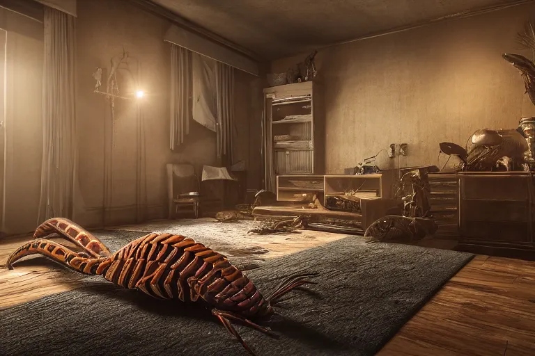 Prompt: a huge scolopendra inside a bedroom, wide angle, photorealistic, cinematic lighting, high detail, cinematic feel, high octane, 4K, Unreal Engine