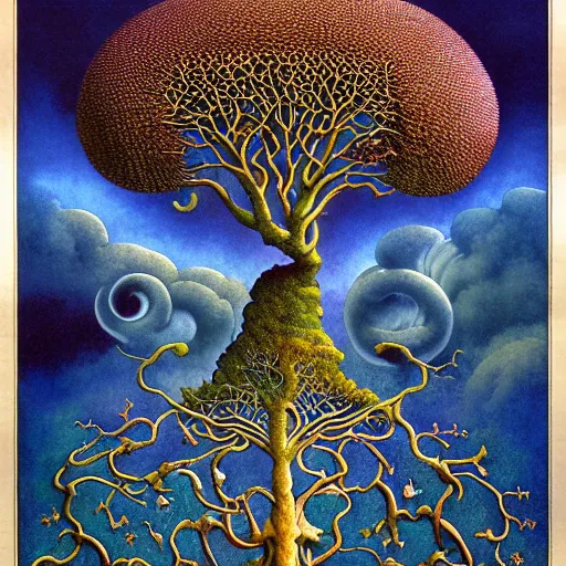 Prompt: sacred mulberry tree by roger dean and andrew ferez, art forms of nature by ernst haeckel, divine chaos engine, symbolist, visionary, art nouveau, botanical fractal structures, tree of life, lightning, detailed, realistic, surreality, lichtenberg figure