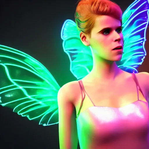 Prompt: neon fluorescent, iridescent kate mara with fairy wings cyperpunk 2 0 7 7, unreal engine 5, 8 k ultra life like, photo realistic, hyperdetailed, volumetric lighting, extremely high quality