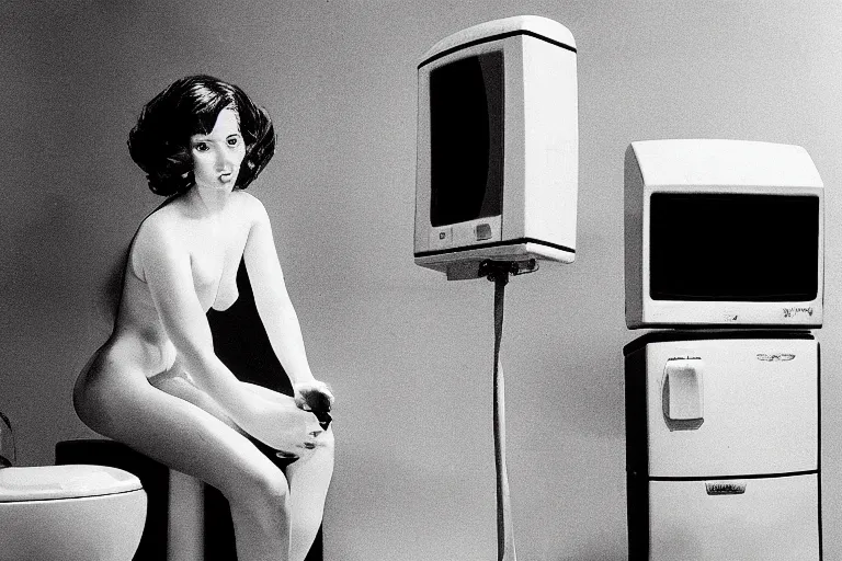 Prompt: beautiful woman robot sitting on a galaxy toilet, from 1985, bathed in the glow of a crt television, crt screens in background, low-light photograph, in style of Tyler Mitchell