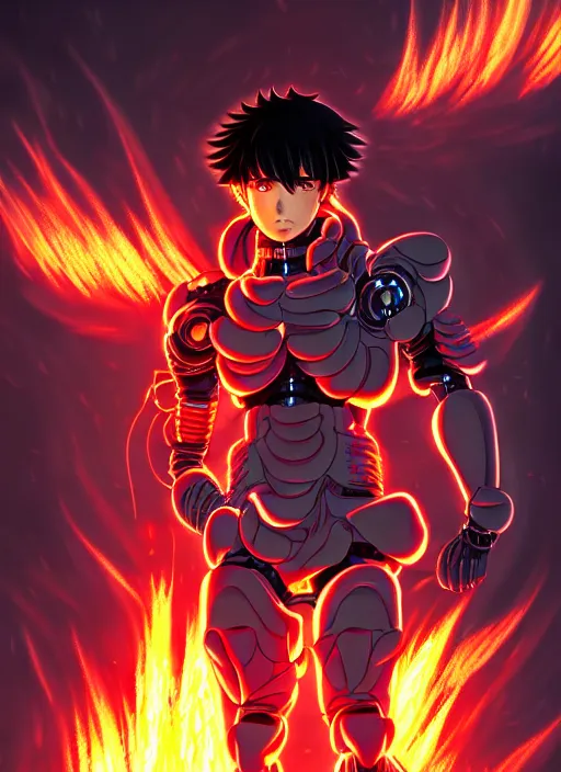 Image similar to a detailed manga full body portrait illustration of a dark haired cyborg anime man surrounded by fire by hirohiko araki, detailed artwork, realism, 4 k resolution, detailed, high quality, sharp focus, hq artwork, insane detail, volumetric lighting, character concept art, fine details, clear subject, central subject