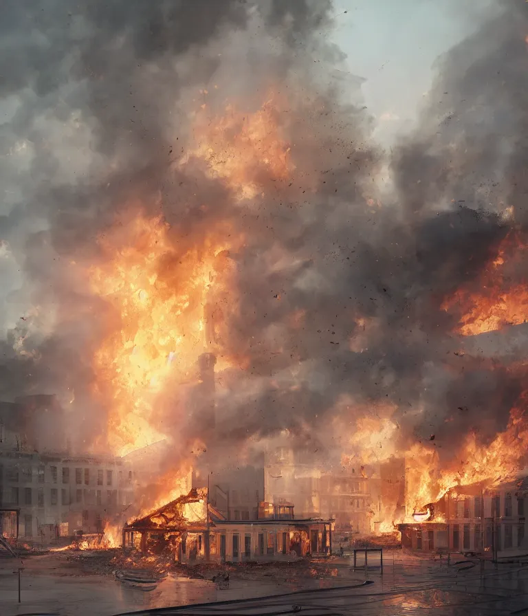 Image similar to a beautiful hyperrealistic detailed 3D render of a burning school, by Anton Otto Fischer, Atey Ghailan, genzoman, unreal engine, octane render, gigantic, 3D, brilliantly coloured, intricate, ultra wide angle, trending on artstation, embers, smoke, dust, dusk, volumetric lighting, HDR, polished, micro details, ray tracing, 8k