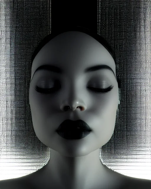 Image similar to black and white high quality photo of a beautiful futuristic dancing female human-AI-queen-insect-looking into a sci-fi mirror:: volumetric lighting, liminal space, brutalism, foggy, dreamy, hyperdetailed, bokeh, photorealistic, cinematic, masterpiece, Metropolis, elegant, dark, octane render, 8K, by Man Ray in the style of Dora Maar