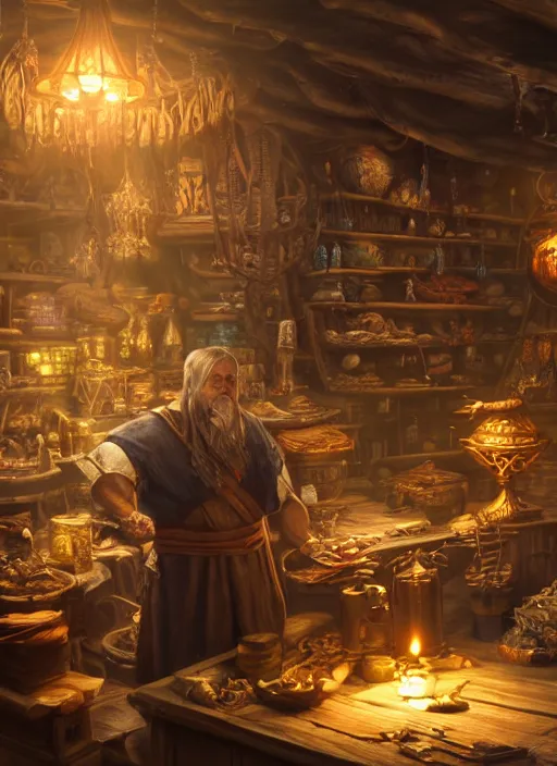 Prompt: merchant in his store selling things, ultra detailed fantasy, elden ring, realistic, dnd, rpg, lotr game design fanart by concept art, behance hd, artstation, deviantart, global illumination radiating a glowing aura global illumination ray tracing hdr render in unreal engine 5