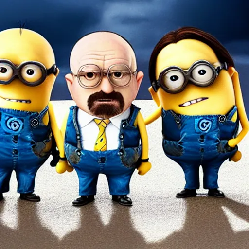 Prompt: An award winning photo of the Breaking Bad cast but they're minions. Ultra HD, hyper realistic, 8K.