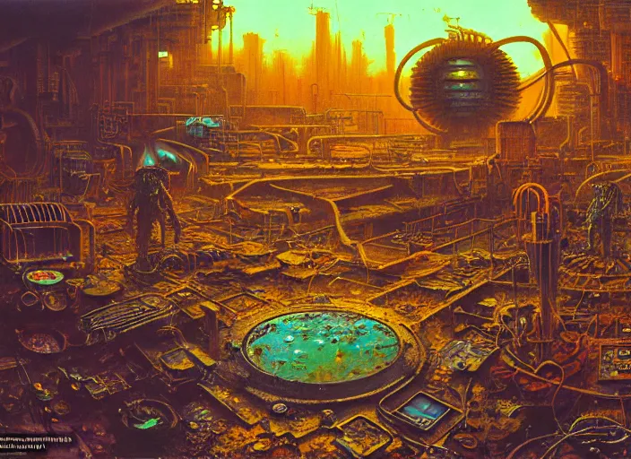 Prompt: junky men in acid pool, cybertronic gadgets, durty colours, rotten textures, rusty shapes, close - up, biotechnology, dariusz zawadzki, tim hildebrandt, wayne barlow, bruce pennington, larry elmore, oil on canvas, luminosity, deep depth field, masterpiece, cinematic composition, hyper - detailed, hd, hdr