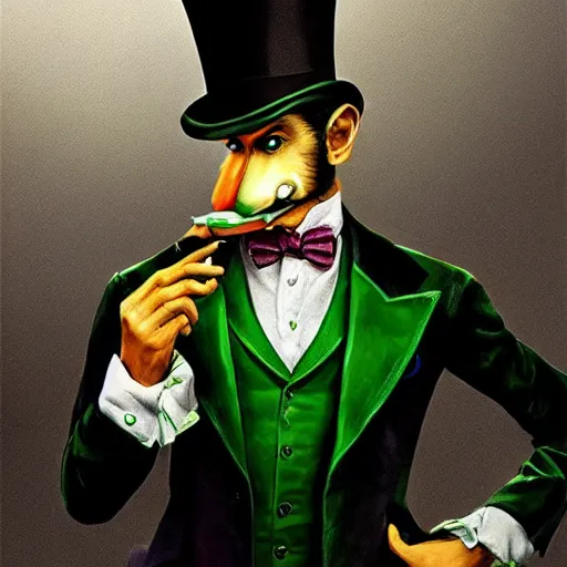 Image similar to hyper realistic, beautifully rendered, dapper fancy luigi wearing a green top hat, green suit and bowtie, smirking deviously, painted by greg rutkowski, wlop, artgerm, dishonored 2