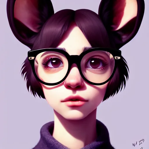 Prompt: character design portrait of an anthropomorphic furry rat girl with rat ears, wearing medium - sized glasses, looking at us, eyes half closed, symmetrical face, 4 k, concept art, by wlop, ilya kuvshinov, artgerm, krenz cushart, pixiv.