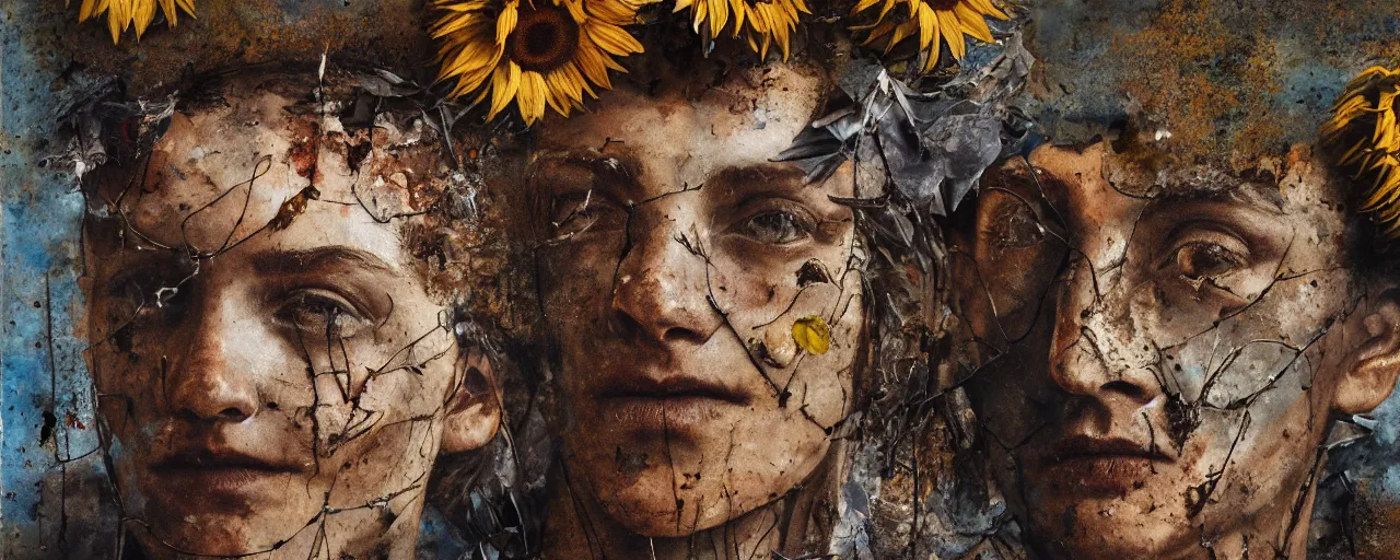 Image similar to a painting of a very ordinary person, by Anselm Kiefer, mixed media, rusted metal, sunflowers, anatomically correct, beautiful perfect face, sharp focus, Highly Detailed, Cinematic Lighting, octane render, volumetric lighting, post-production, 8k, HD