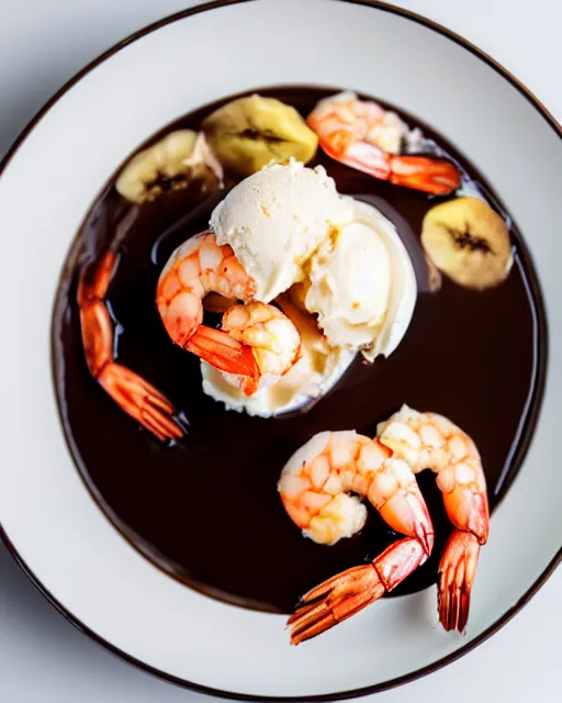 Image similar to dslr food photograph of a cup of ice cream with shrimps on top. chocolate sauce, shrimp, banana slices. 8 5 mm f 1. 4