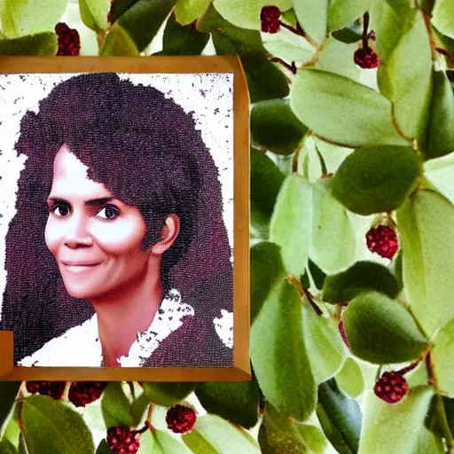 Image similar to a portrait made out of wild forrest berries of halle berry