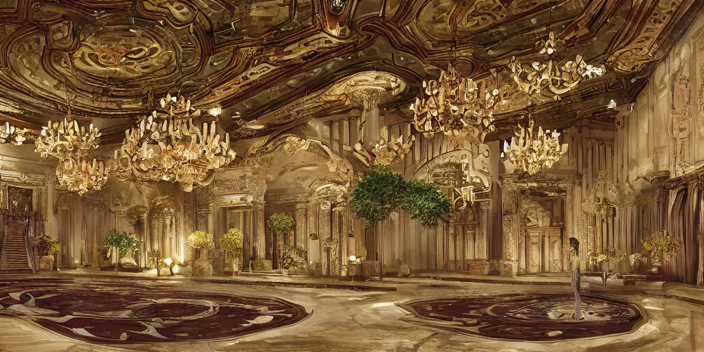 Image similar to a grand hall decorated with a blend of greco - roman and east asian styles, concept art, colorful