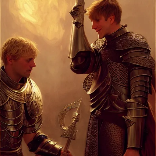 Image similar to attractive arthur pendragon and his favourite attractive male knight, they are in love, camelot, natural lighting, path traced, highly detailed, high quality, digital painting, by gaston bussiere, craig mullins, j. c. leyendecker