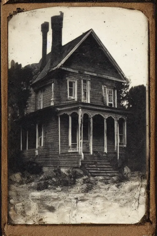 Prompt: ghost house, old vintage photography, damaged photo, daguerreotype, ambrotype, black and white, archive, film artifacts, scratches, tears, hyperrealistic, ultra detailed