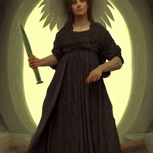 Prompt: angel standing in the front of gates of hell. angel is holdind large 6 of spades card. digital painting. art station. mood lighting. skindness, highly detailed, concept art, intricate, sharp focus, einar jonsson and bouguereau - h 1 2 0 0