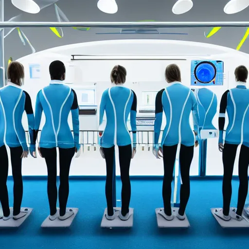 Image similar to group of identical athletic humans with light blue neoprene suits and white hair standing in a line on a conveyor belt, background of advanced futuristic laboratory, sci - fi, highly detailed, hyperrealistic