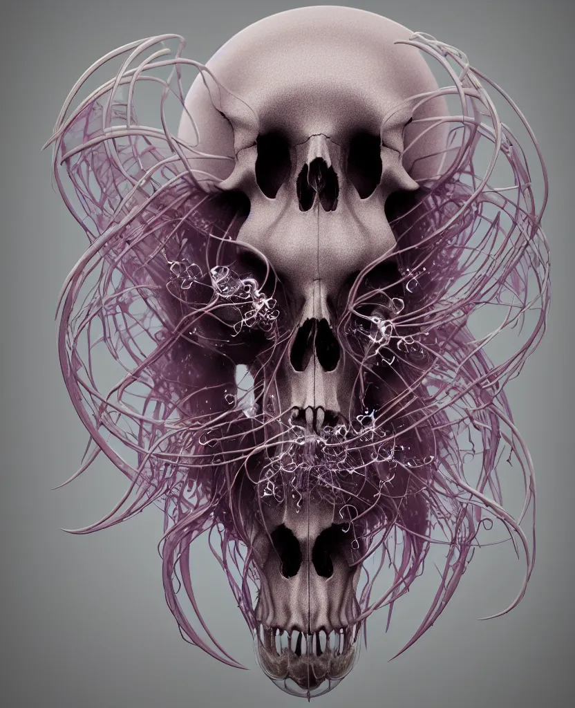 Image similar to goddess close-up portrait animal skull. jellyfish phoenix head, nautilus, orchid, skull, betta fish, bioluminiscent creatures, intricate artwork by Tooth Wu and wlop and beeple. octane render, trending on artstation, greg rutkowski very coherent symmetrical artwork. cinematic, hyper realism, high detail, octane render, 8k