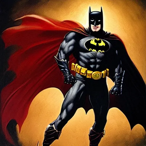 Image similar to an ultra - realistic portrait painting of batman in the style of frank frazetta. 4 k. ultra - realistic. highly detailed. dark fantasy. epic lighting.