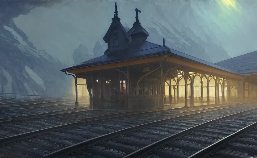 Image similar to painting of a wide angle exterior shot of a victorian utopian train station with cinematic lighting by peter zumthor and renzo piano, darek zabrocki and greg ruthkowski, alphonse mucha, simon stalenhag and cinematic and blue cold atmospheric, holy place, atmospheric, archillect concept art, artstation, trending on artstation