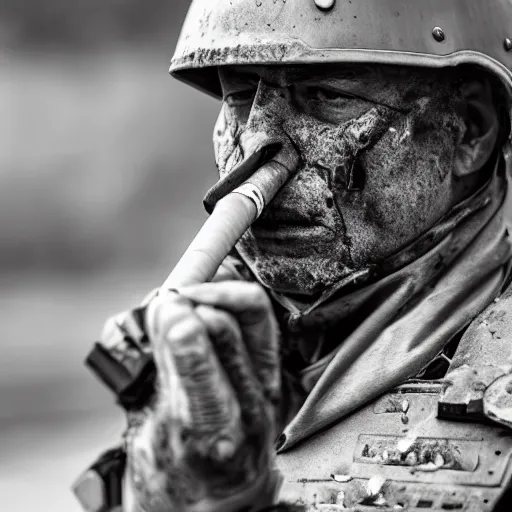 Prompt: Weeping modern mercenary wearing grey body armor smoking a cigarette in the aftermath of a bloody battle, photo by Adam Ferguson in 2022, Pulitzer Winning, cinematic composition, breathtaking, modern, 2022