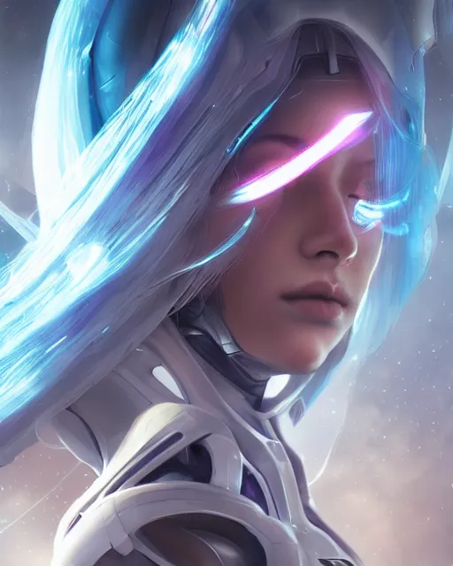 Image similar to perfect android girl on a mothership, warframe armor, beautiful face, scifi, futuristic, galaxy, nebula, raytracing, dreamy, long white hair, blue cyborg eyes, sharp focus, cinematic lighting, highly detailed, artstation, divine, by gauthier leblanc, kazuya takahashi, huifeng huang