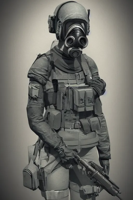 Image similar to british sas female operative with the standard s 1 0 gas mask and the black uniform, 8 0 s, artstation, trending on artstation, establishing shot