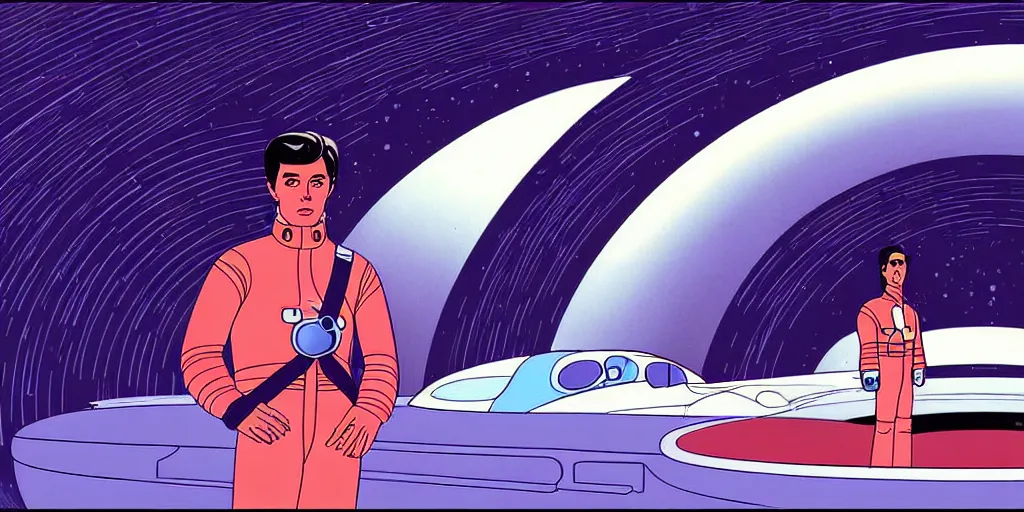 Image similar to a portrait of lonely single Alain Delon alone pilot in spacesuit posing in symmetrical spaceship station planet captain bridge outer worlds hyper contrast in FANTASTIC PLANET La planète sauvage animation by René Laloux