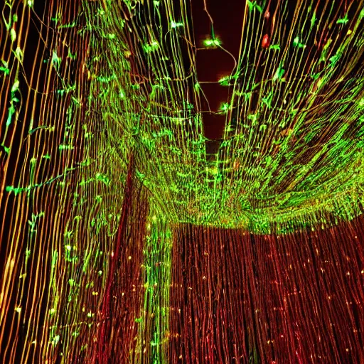 Image similar to a jungle made of wires cables and fiber optics, vines made of glowing wires and cords, electronic inorganic jungle, luminescent