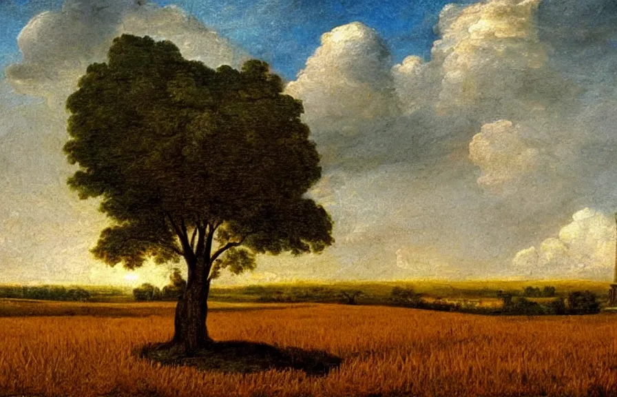 Image similar to isaac newton cenotaph!!! in the middle of a wheat field!! romantic era oil painting!!