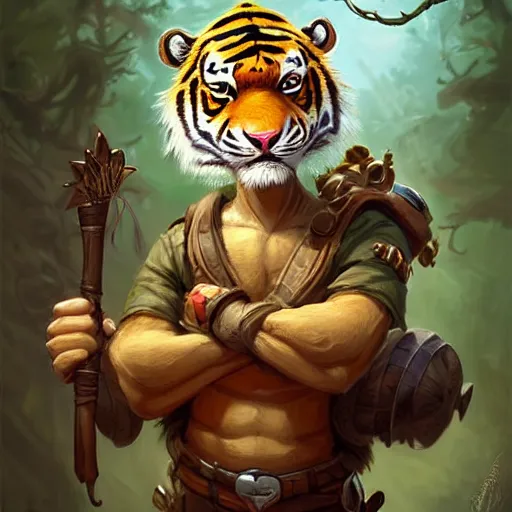 Image similar to cute little anthropomorphic tiger wearing safari outfit, ultra wide lens shot , tiny, small, short, cute and adorable, pretty, beautiful, DnD character art portrait, matte fantasy painting, DeviantArt Artstation, by Jason Felix by Steve Argyle by Tyler Jacobson by Peter Mohrbacher, cinematic lighting
