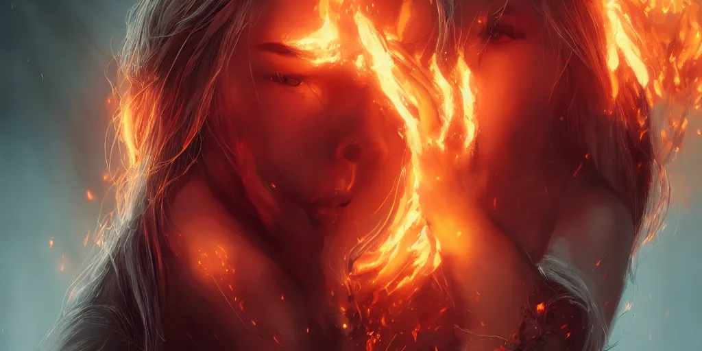 Image similar to evil pretty blond girl demon spawn surrounded by fire tornadoes, flawless symmetrical pretty cute face, ana de armas, hetrochromia, greg rutkowski, 8 k, shallow depth of field, intricate detail, concept art,