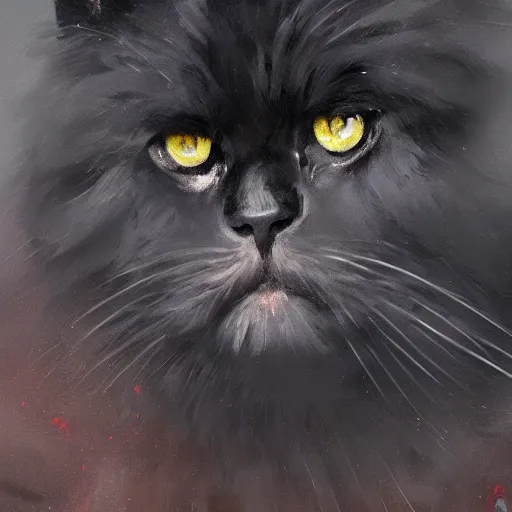 Image similar to closeup portrait of black persian cat staring contemptuously at people, painted by greg rutkowski, painted by igor kieryluk, trending on artstation