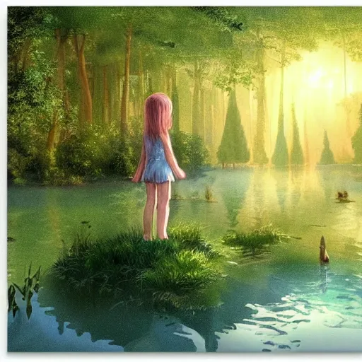 Image similar to forest child in a lake, ghibli, highly detailed faces, artwork, light, blue, fantasy