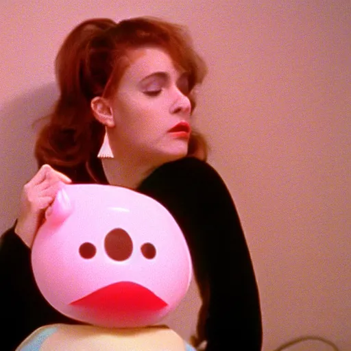 Prompt: still from a 1991 arthouse film about a depressed housewife dressed as a squishy inflatable toy who meets a handsome younger man in a seedy motel room, color film, 16mm soft light, weird art on the wall