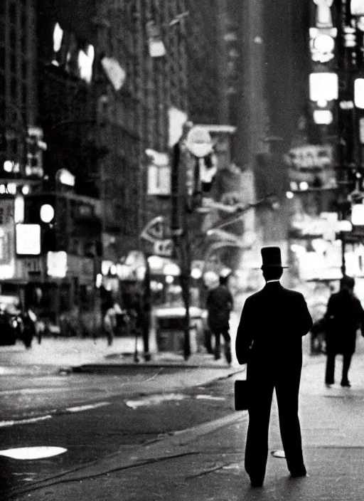 Prompt: a 35mm photograph of a man walking down the street in New York City in the 1960's, bokeh, Canon 50mm, cinematic lighting, photography, retro, film, Kodachrome