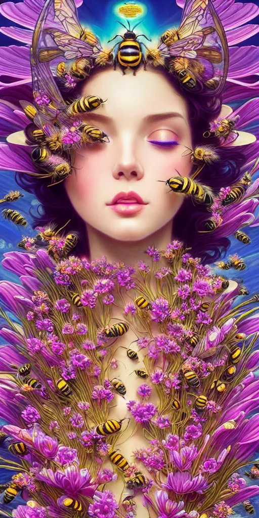 Prompt: hyper detailed ultra sharp of a beautiful bee. trending on artstation, vaporwave aesthetic, synthwave, colorful, psychedelic, crown, long gown, flowers, bees, butterflies, ribbons, ornate, intricate, digital painting, concept art, smooth, sharp focus, illustration, art by artgerm and greg rutkowski and alphonse mucha, 8 k