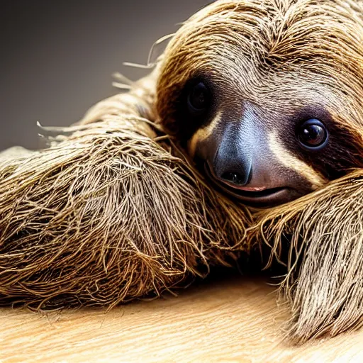 Image similar to a studio photo of a sloth using a cowboy hay