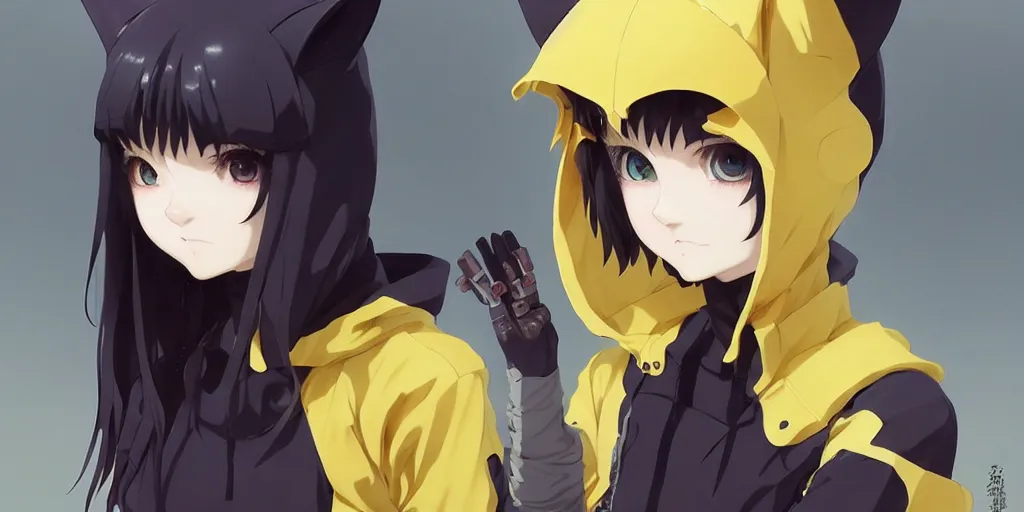 Image similar to with yellow eyes, a beautiful anime cyborg - girl wearing a cat hoodie, wlop, ilya kuvshinov, artgerm, krenz cushart, greg rutkowski, hiroaki samura, range murata, james jean, katsuhiro otomo, erik jones, serov, surikov, vasnetsov, repin, kramskoi