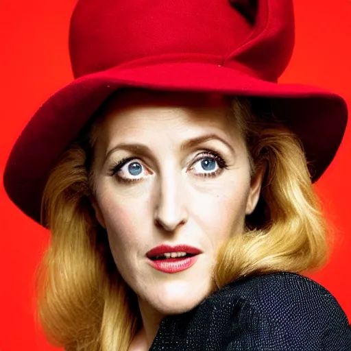 Prompt: photo of a gorgeous Gillian Anderson wearing a 1980s hat by Mario Testino, detailed, head shot, award winning, Sony a7R