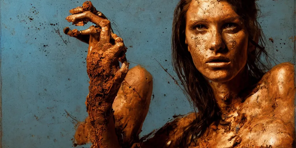 Image similar to highly detailed photography of a woman made of rust clay and ember, rocks, hand gesture, sharp focus, dust particles, dirt, dramatic scene, aesthetic, dynamic lighting, elegant, harmony, masterpiece, by roberto ferri, blue background, high quality, spatula