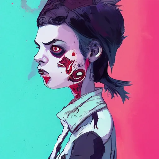 Image similar to Highly detailed portrait of a punk zombie young lady by Atey Ghailan, by Loish, by Bryan Lee O'Malley, by Cliff Chiang, ((dark blue moody background))