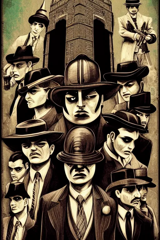 Image similar to mob mafia saints in mexico, with long hat, aesthetic, concept art, bioshock and gta chinatown wars pop art style, by mike swiderek, jorge lacera, ben lo, tyler west,, ultrarealistic, sharp focus, intricate, ultra high definition details, shadow effect